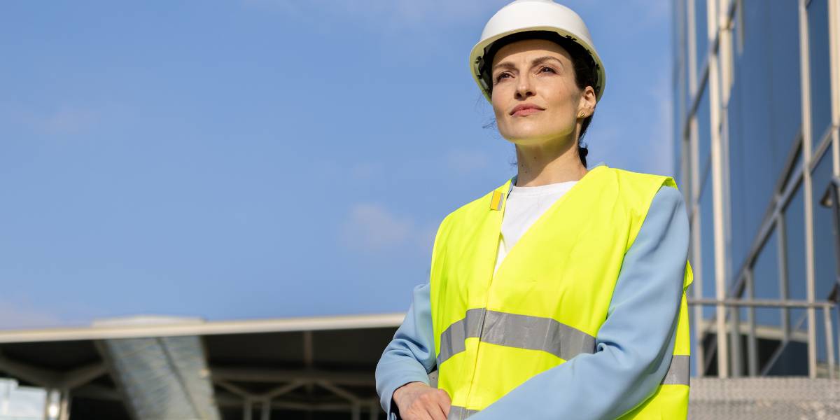 Female wearing a hardhat and a hi-vis vest with a building on the right side and a clear blue sky behind her. She is staring off into the distance.