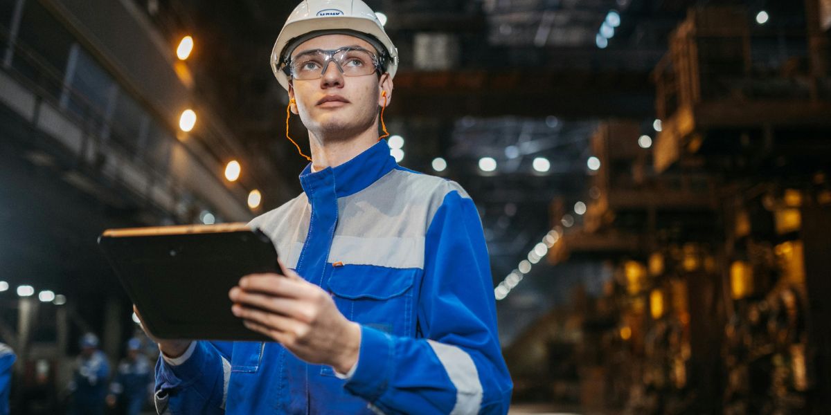 Young Man wearing blue overalls, safety helmet and safety glasses. Holding a notepad while looking off into the distance.